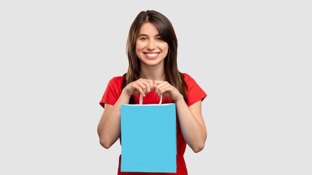 Bolsa de mujer feliz de compras en línea de regalo de vacaciones