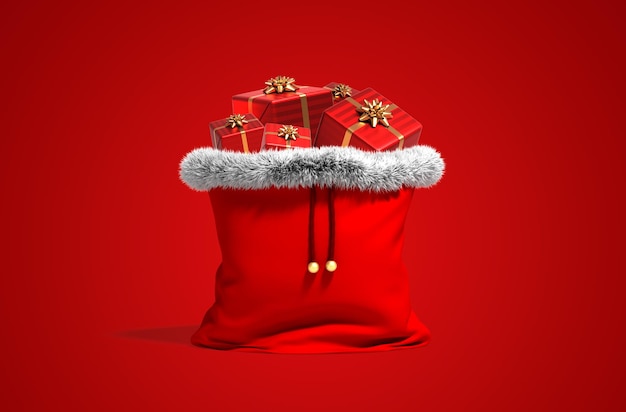 Foto bolsa de navidad llena de regalos rojos 3d rendering fondo rojo.