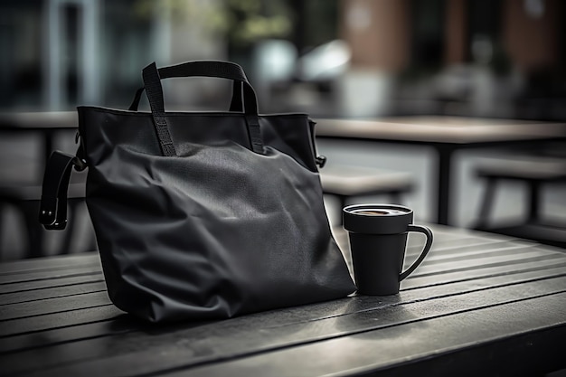 Una bolsa negra con un asa negra se sienta en un banco con una taza de café negra al lado