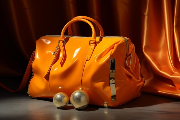 Una bolsa de oro con una naranja al lado
