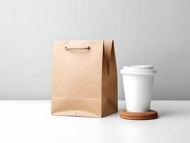 Bolsa de papel artesanal con taza de café sobre fondo sólido Ai Generative