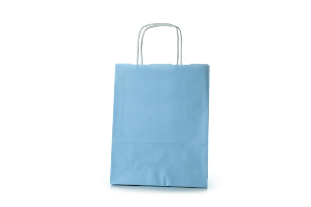 Bolsa de papel azul aislado en blanco