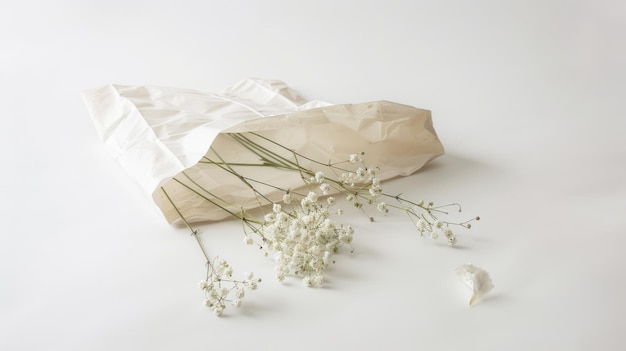 Bolsa de papel blanco con flores de gipsófila sobre un fondo blanco