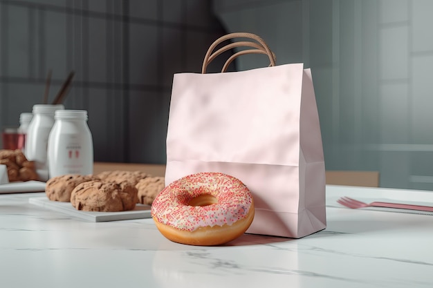Bolsa de papel blanco con maqueta de donut generada por IA