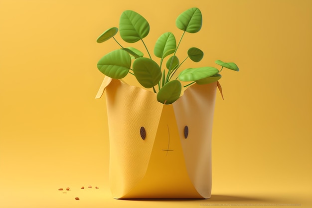 Una bolsa de papel con una cara y plantas en crecimiento.