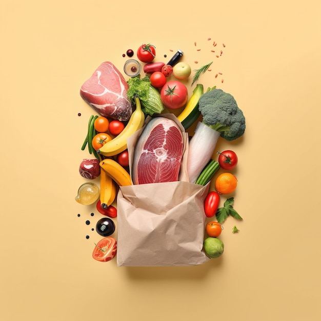 Una bolsa de papel con carne y verduras.