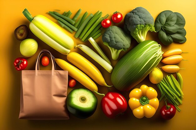 Bolsa de papel con diferentes verduras frescas aisladas sobre fondo amarillo