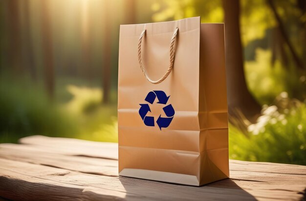 bolsa de papel ecológica con cartel de reciclaje en el bosque paquete con logotipo de flechas recicladas al aire libre