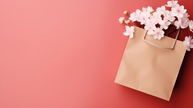 una bolsa de papel con una flor de cerezo en ella