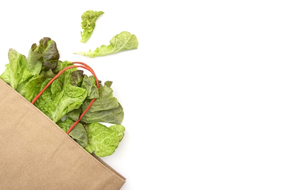 Bolsa de papel con hojas de ensalada verde, lechuga sobre fondo blanco, diseño con espacio para texto