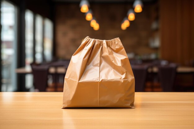 Una bolsa de papel inflada sobre una mesa.