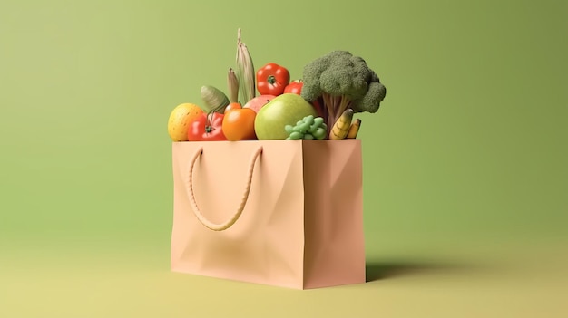 Bolsa de papel llena de comida saludable con frutas.
