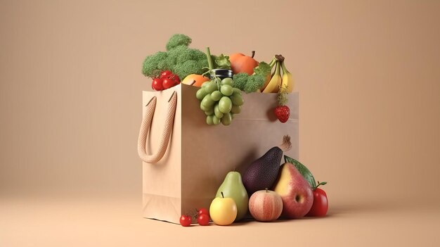 Bolsa de papel llena de comida saludable con frutas.