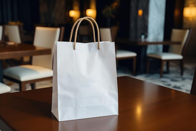 Una bolsa de papel con mangos está en la mesa