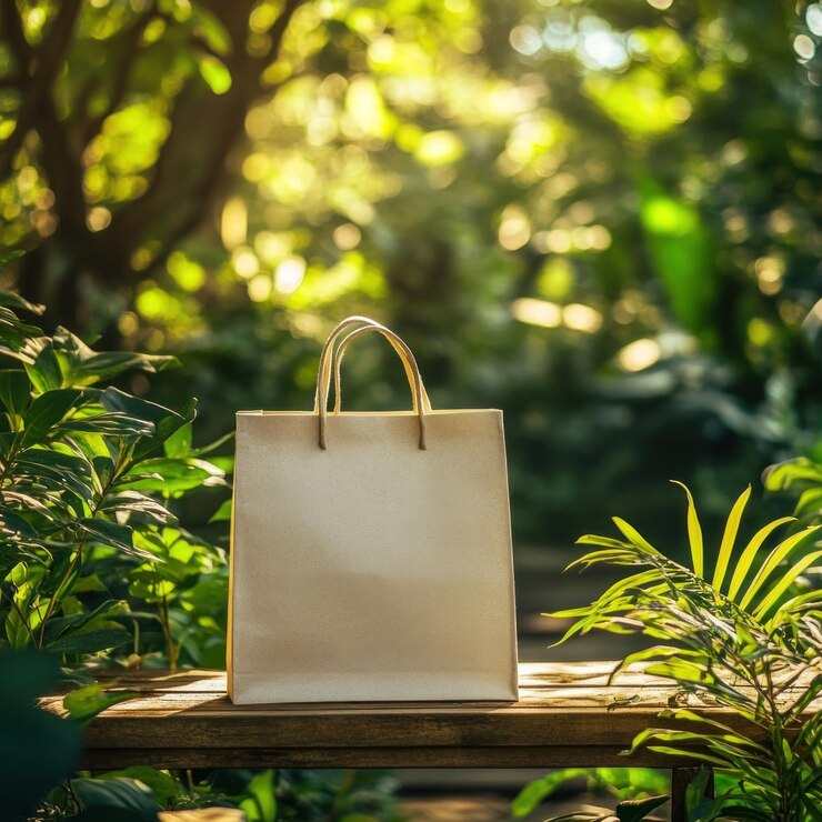 una bolsa de papel con las manijas en ella está sentada en la hierba