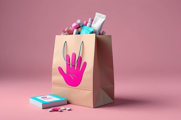 Foto bolsa de papel con mano de dibujos animados en un fondo rosa el concepto de entrega de medicamentos a la casa pedidos en línea en farmacias renderización 3d
