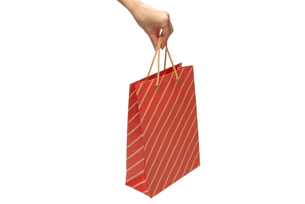 Bolsa de papel en manos de mujer aislado en blanco