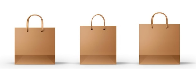 Bolsa de papel marrón artesanal y maqueta de vector de asa Paquete de compras maqueta para llevar comida icono de vista frontal colección de diseño de merchandising Ilustración de mercancía de marca reutilizable minorista 3d