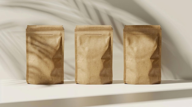 una bolsa de papel marrón está sentada en un estante blanco