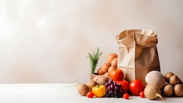 Una bolsa de papel marrón con verduras sobre una mesa.