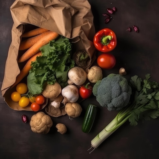 Una bolsa de papel marrón con verduras.