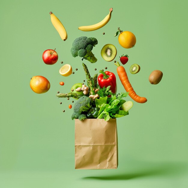 una bolsa de papel con un montón de verduras y frutas en ella