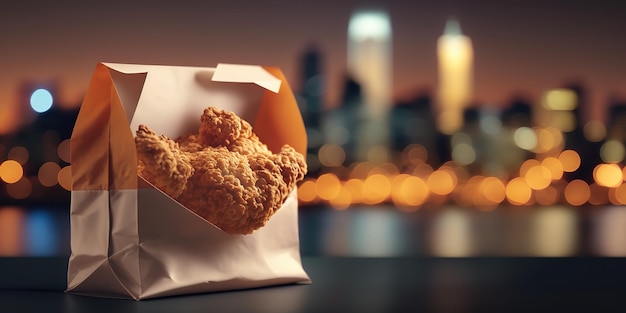 Foto una bolsa de papel con pollo frito se sienta en una mesa con el horizonte de la ciudad al fondo.