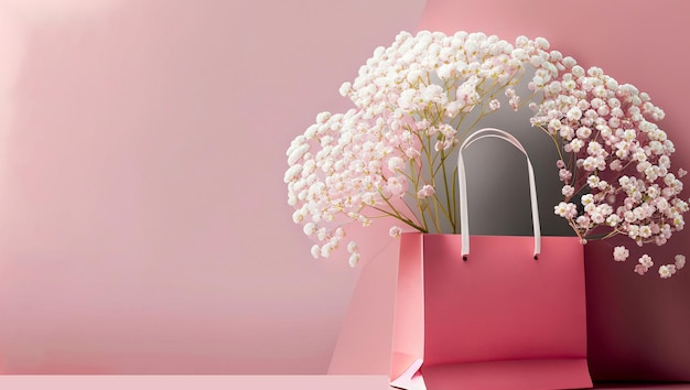 Bolsa de papel rosada y espacio de copia de Gypsophila blanco