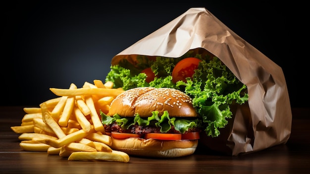 Bolsa de papel con sabrosa hamburguesa sobre la mesa sobre fondo negro