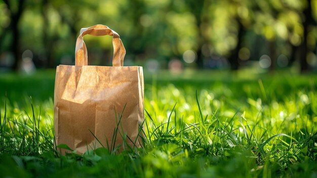 Foto una bolsa de papel se sienta en la hierba en el parque