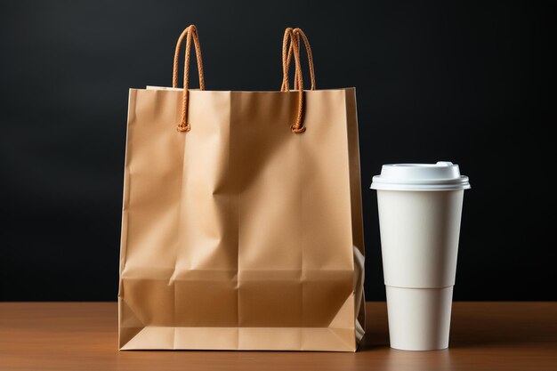 Bolsa de papel con taza de café con leche