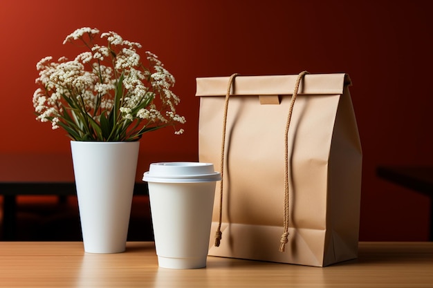 Bolsa de papel con taza de café con leche