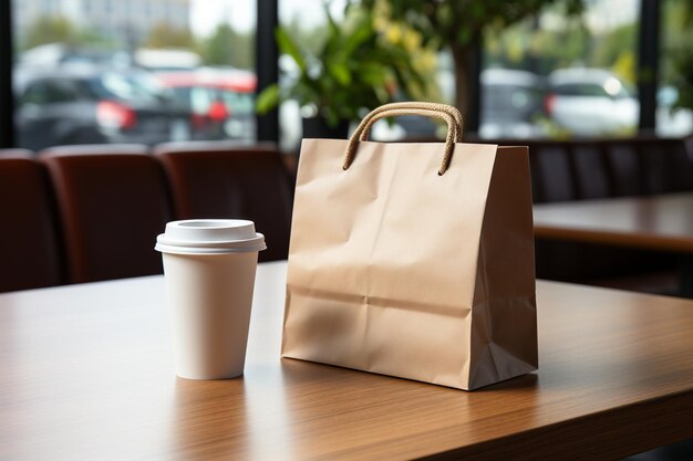 Bolsa de papel con taza de café con leche