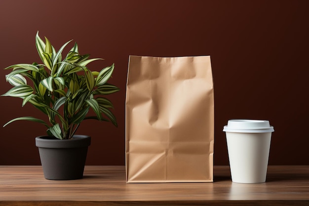 Bolsa de papel con taza de café con leche