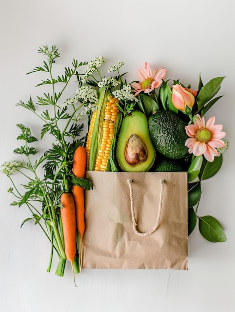 Foto una bolsa de papel con verduras y frutas en el interior en el lado derecho de ella es una hoja verde de aguacate