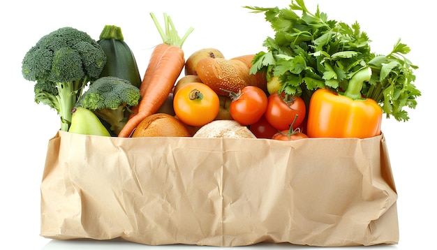 Bolsa de papel con verduras, frutas y pan sobre un fondo blanco