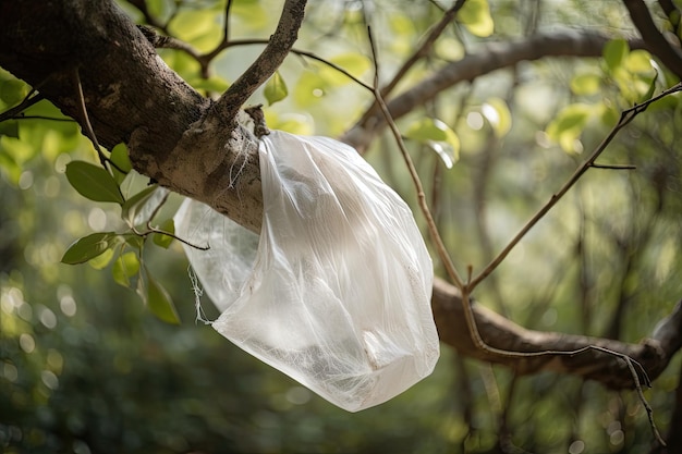 Bolsa de plástico atrapada en la rama de un árbol rodeada de belleza natural