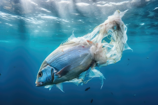 Bolsa de plástico atrapada en red de pesca enredada entre peces creada con IA generativa