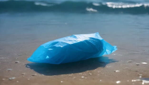 una bolsa de plástico azul está en la playa cerca del agua