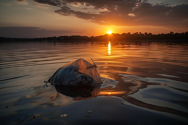 Bolsa de plástico a la deriva en la superficie del agua con puesta de sol en el fondo creada con ai generativo