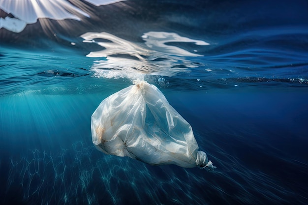 Bolsa de plástico a la deriva en la superficie del océano creada con IA generativa