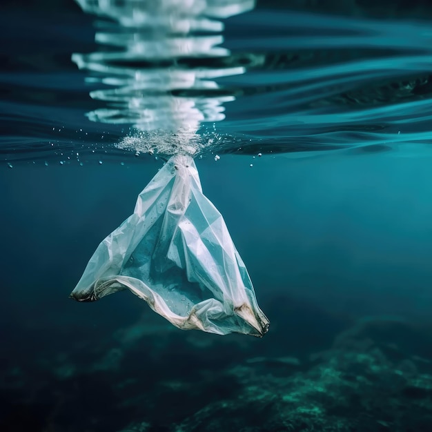 Una bolsa de plástico flota en el agua y la palabra plástico está en el fondo.