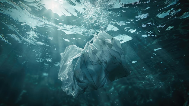 una bolsa de plástico flota en el agua