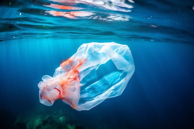 Una bolsa de plástico flotando en el océano