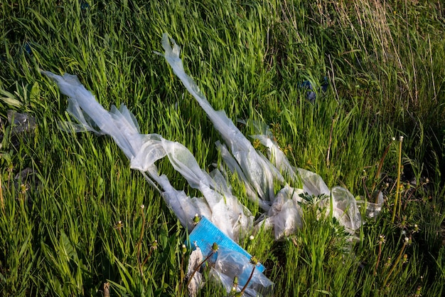 Una bolsa de plástico en la naturaleza pegada en las ramas de arbustos y árboles Problemas mundiales con la ecología en la tierra