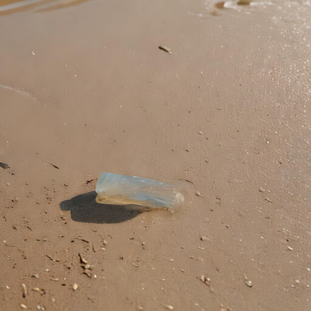 Foto una bolsa de plástico está en la playa y está llena de conchas marinas