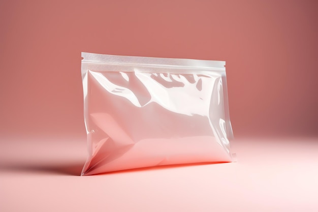 Una bolsa de plástico transparente con fondo rosa.