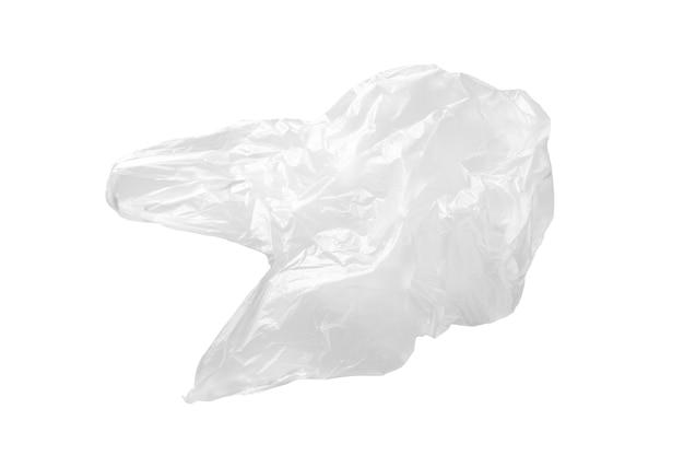 Bolsa de plástico vacía aislada sobre un fondo blanco Ilustración de la reducción de bolsas de plástico para ayudar a reducir el calentamiento global
