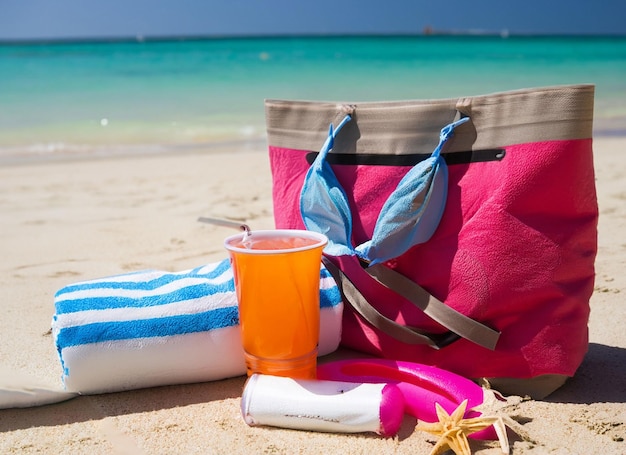 Una bolsa de playa con una bebida y una pajita encima.