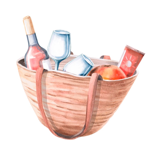 Bolsa de playa llena de suministros de fiesta ilustración de acuarela aislada para folletos de viaje licor
